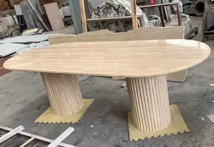 Oval Beige Travertine Restaurant Dining Table